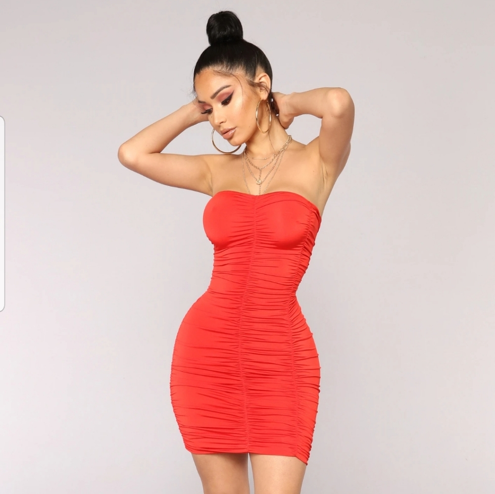 Red-Orange Tube Mini Dress-Fashion Nova (Medium)